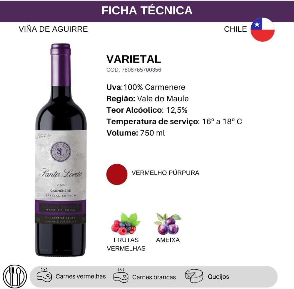 Vinho Fino Tinto Chileno Santa Loreto Varietal Carmenere 750ml - Imagem 4